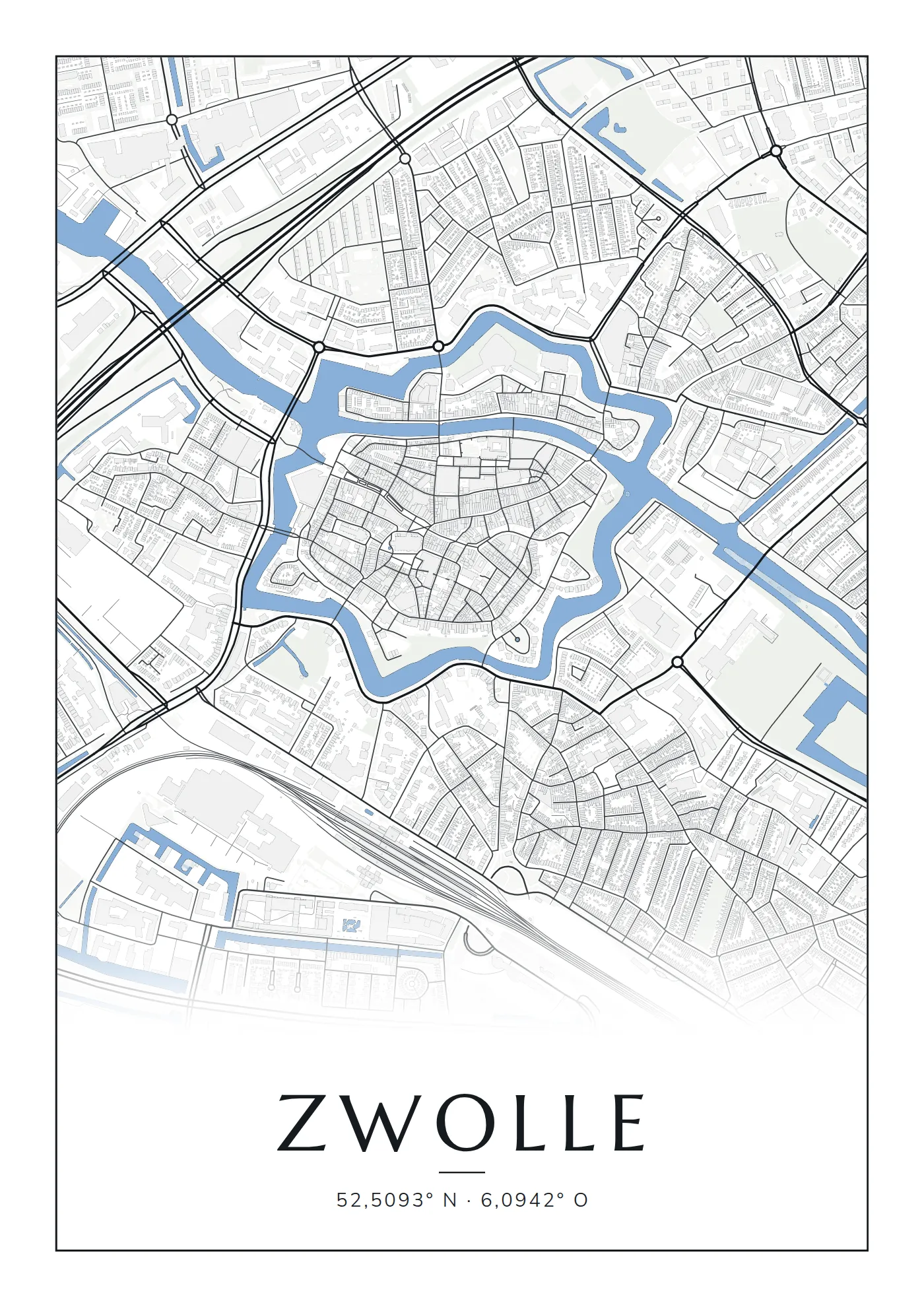 Poster van Zwolle, de hele stad, stadsposter in de stijl Blauw water