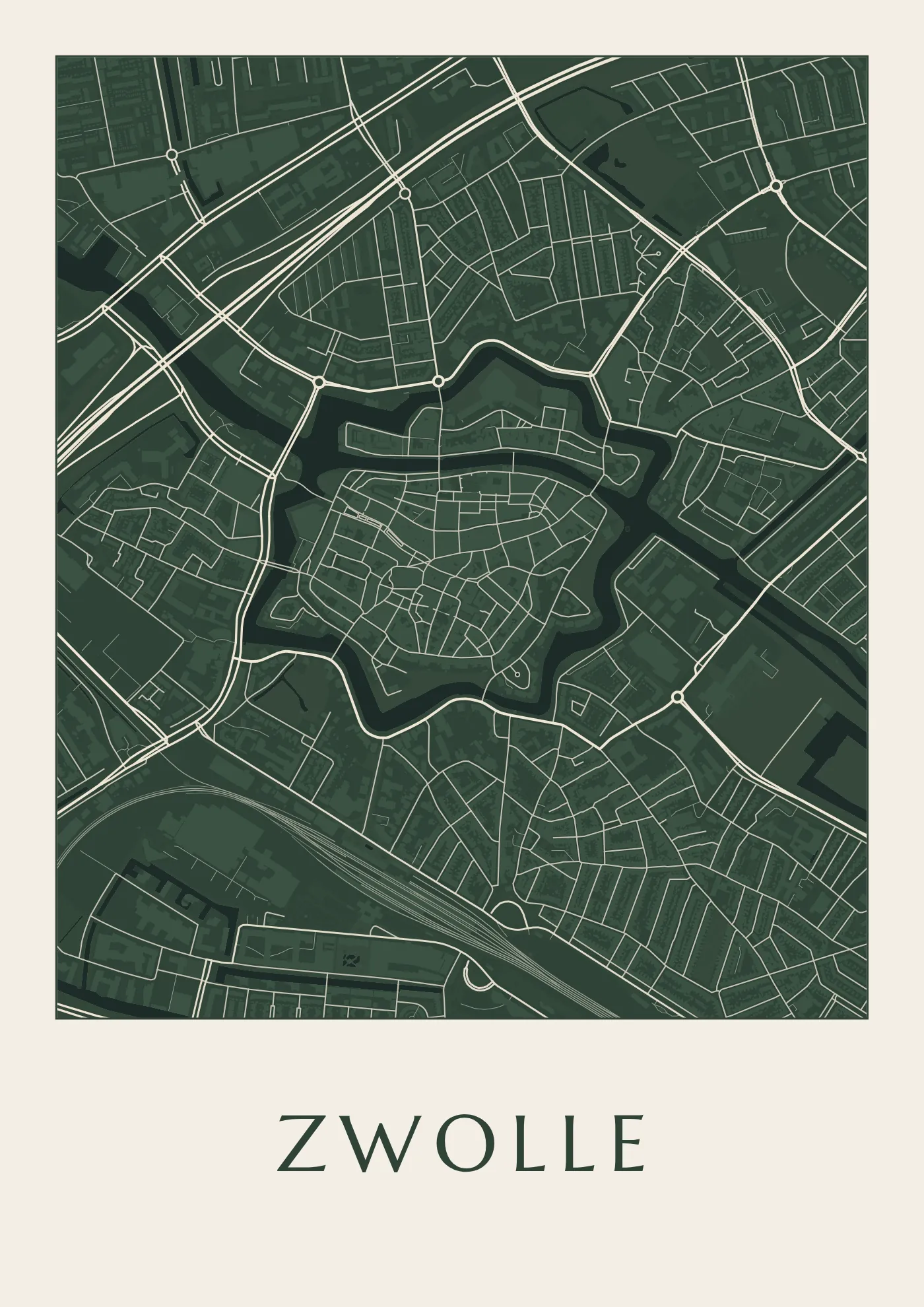 Poster van Zwolle, de hele stad, stadsposter in de stijl Diep groen