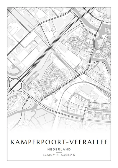Poster van Zwolle, de wijk Kamperpoort-Veerallee, stadsposter in de stijl Zwart-wit