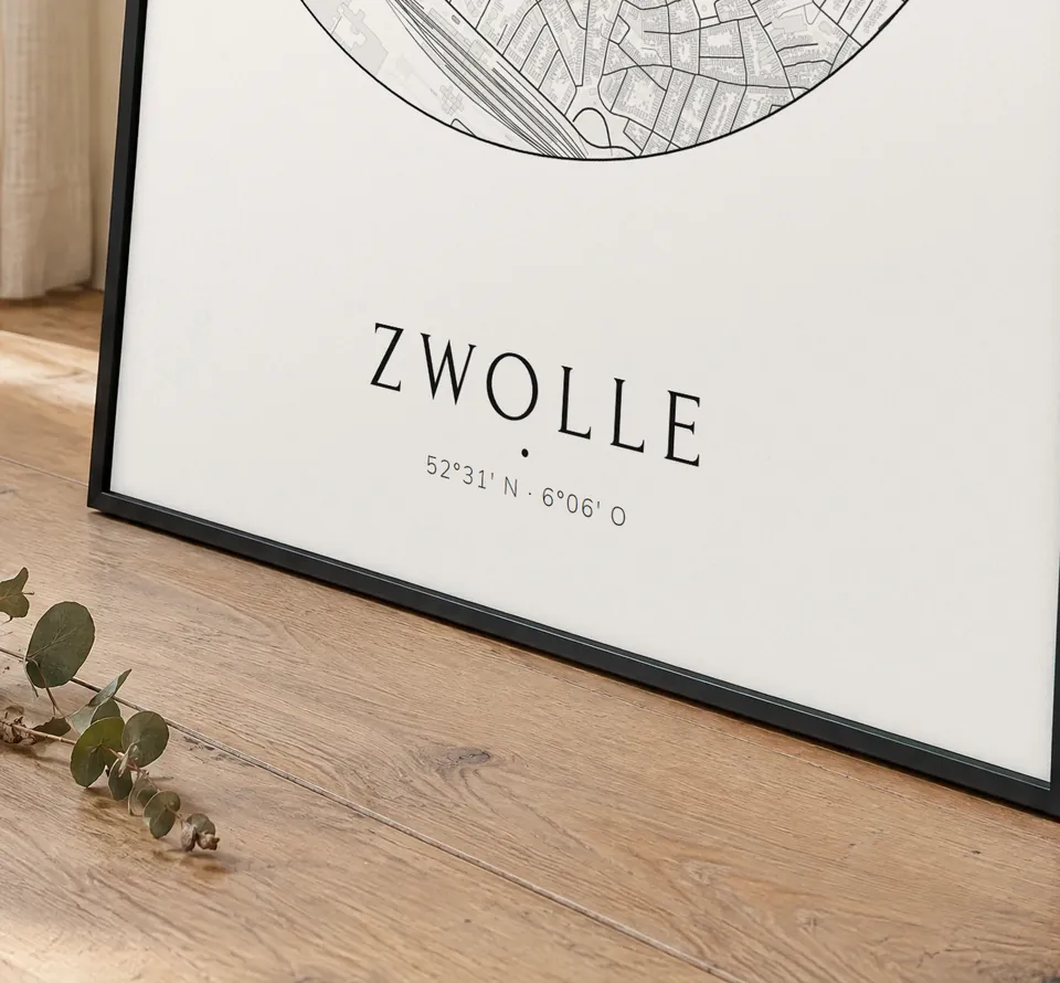 Poster van Zwolle, de hele stad, stadsposter in de stijl Rond, in een zwarte lijst