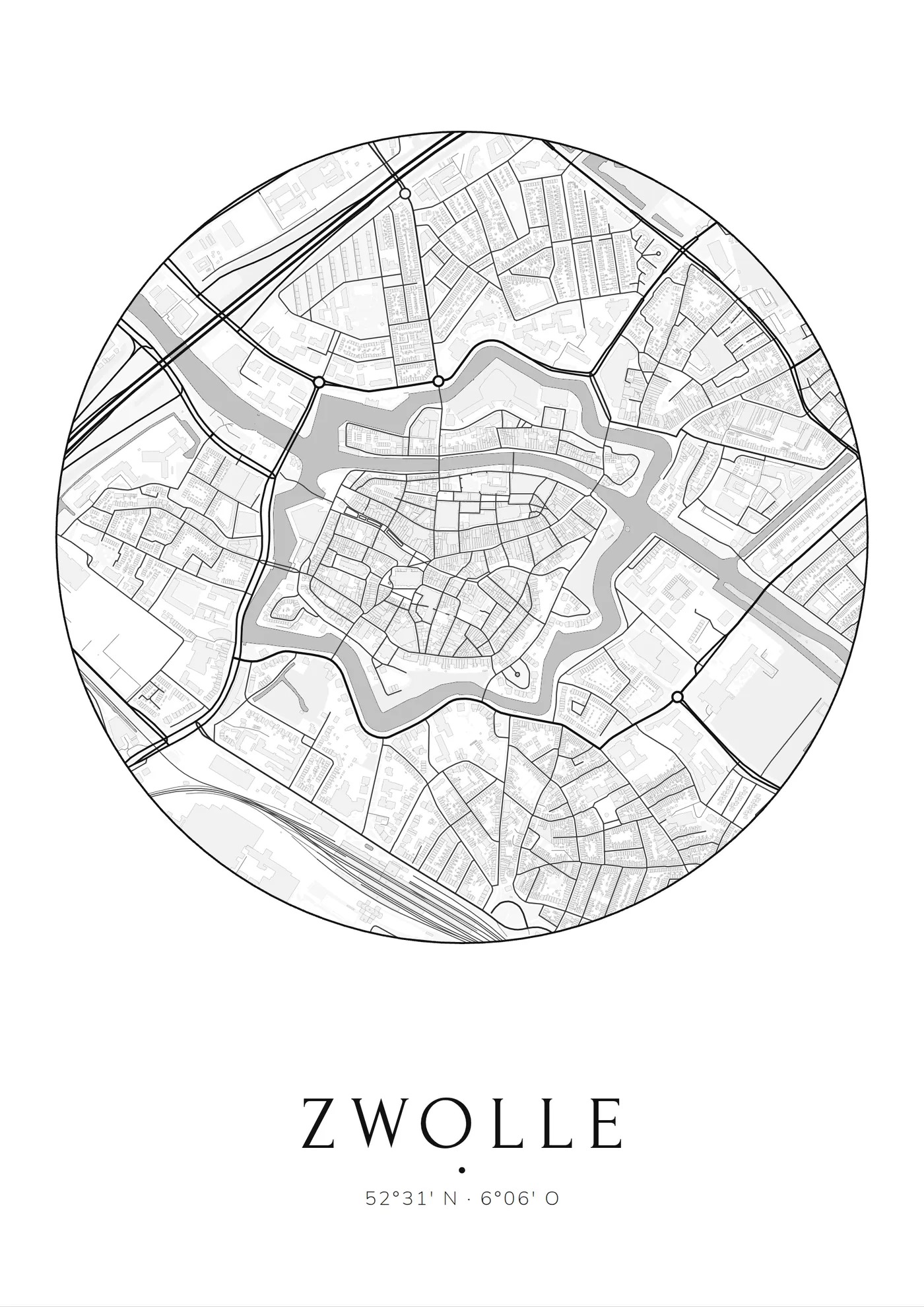 Poster van Zwolle, de hele stad, stadsposter in de stijl Rond