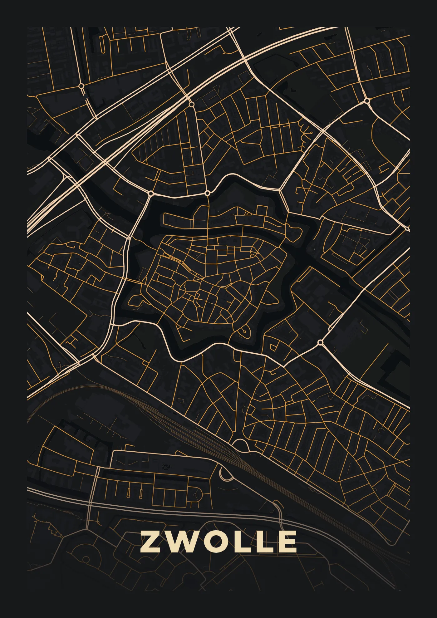 Poster van Zwolle, de hele stad, stadsposter in de stijl Stad bij nacht