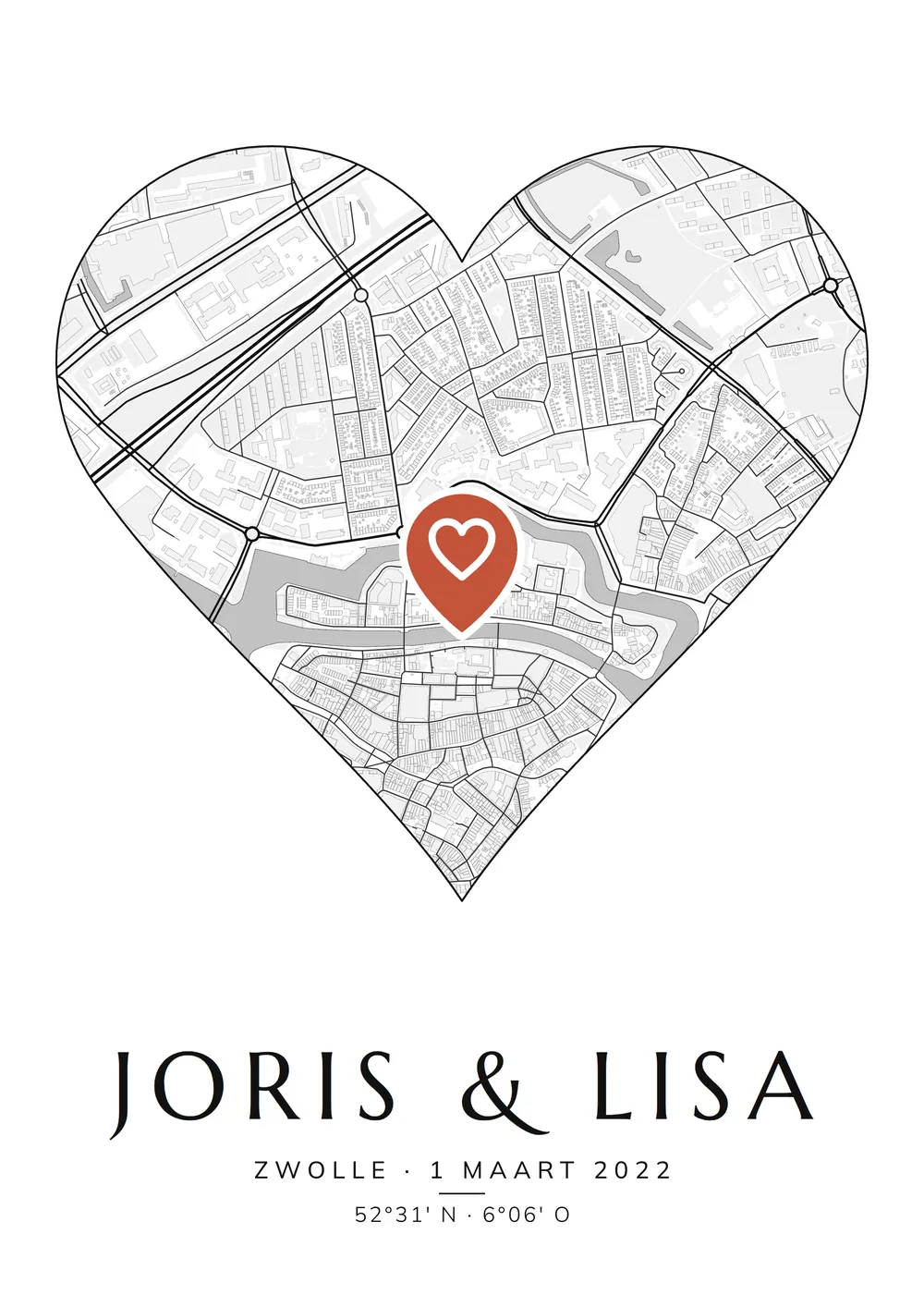 Gepersonaliseerde poster van Zwolle met de kaart in de vorm van een hart, een groot hartje aan de Thorbeckegracht en de namen Joris & Lisa als titel
