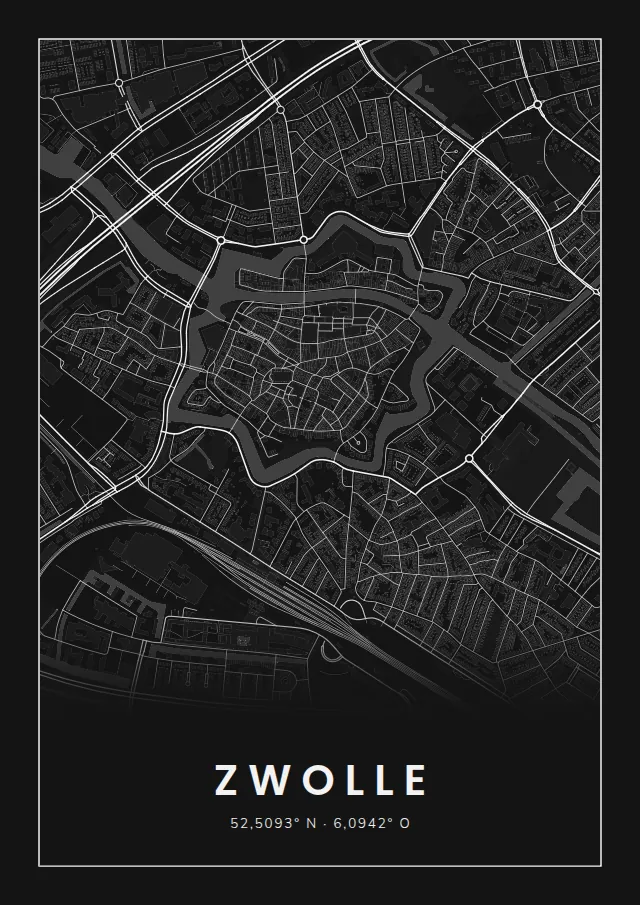 Poster van Zwolle, de hele stad, stadsposter in de stijl Wit op zwart